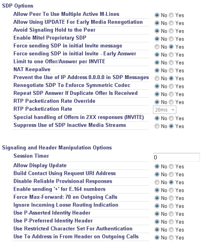 SIP peer profile settings
