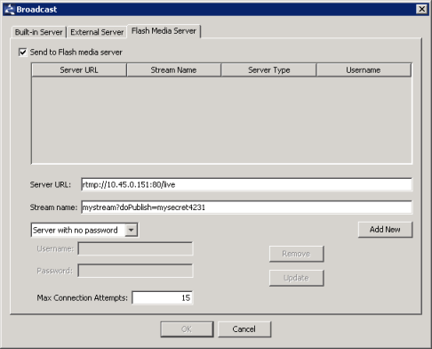 Security settings for RTMP stream publishing