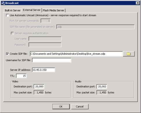 Stream encoder RTP broadcast SDP settings