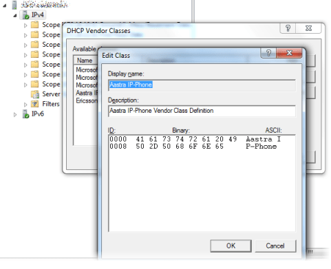 Microsoft DHCP server - Define Vendor Class Aastra IP Phone
