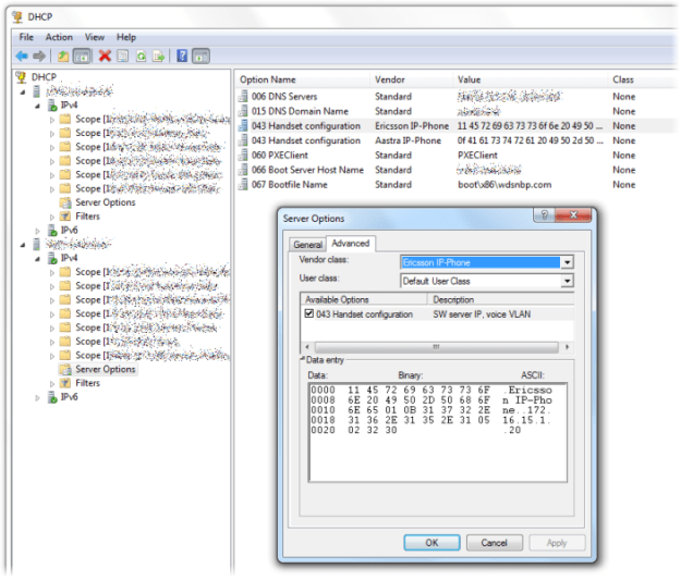 Vendor Class DHCP option 43 settings for Aastra & Ericsson handsets