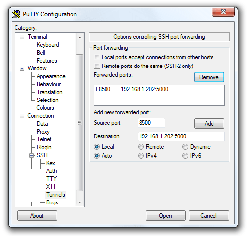 PuTTY tunnel settings