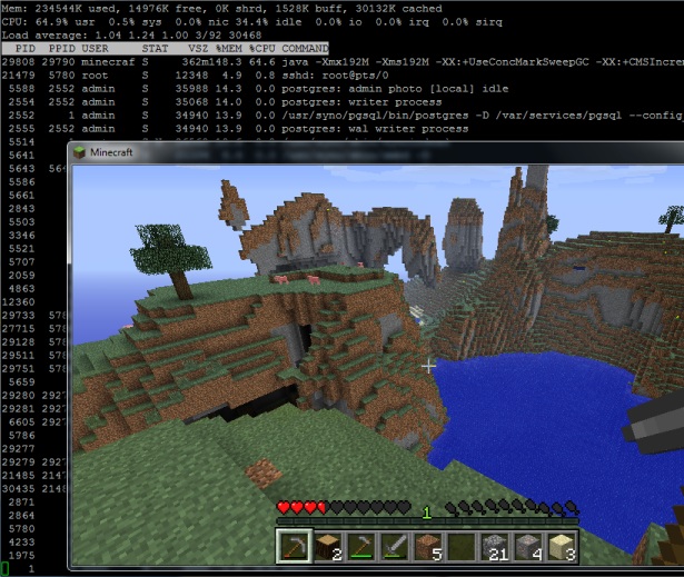 Minecraft running showing draw distance and server load